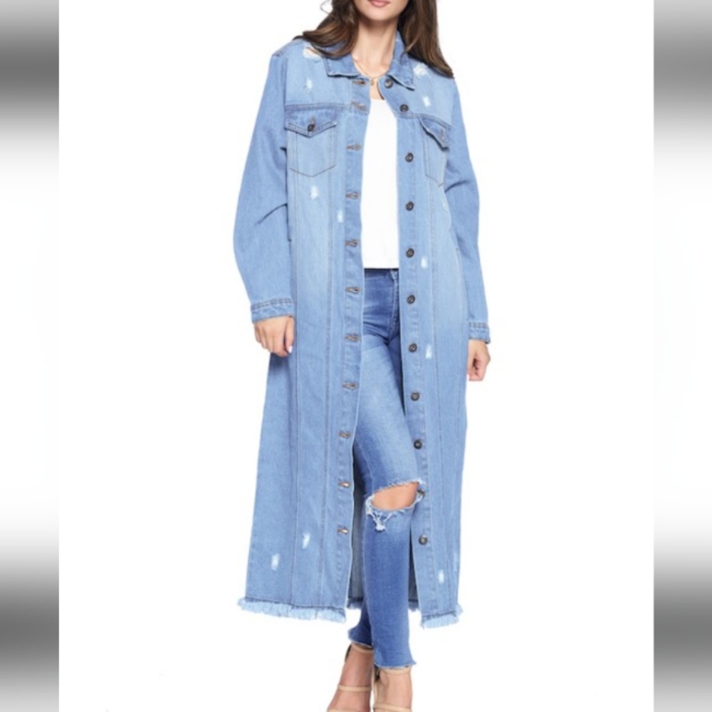 Denim Long Jacket Solid Washed For Women